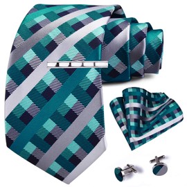 GUSLESON Wedding Teal Plaid Tie Luxury Silk Ties for Men Party Necktie Clip and Pocket Square Cufflinks Sets (6102-09)