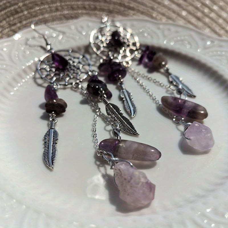 Zeylus Handmade Dreamcatcher Feather Artificial Amethyst Dangle Earrings
