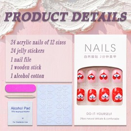 Valentines Press on Nails Short Square French Tip Fake Nails Pink Full Cover Heart Eyes False Nails with Stars Designs Glossy Glue on Nails Acrylic Manicure Artificial Nails for Women Girls 24Pcs