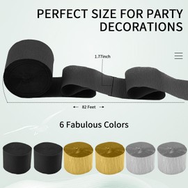Crepe Paper Streamers, 6 Rolls 492ft Party Streamers, Pack of 6 Black, Silver and Gold Crepe Paper for Birthday Party Wedding Bridal Baby Shower Indoor Decorations (2.37 Inch x 82 Ft/Roll)