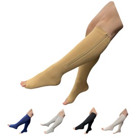 HealthyNees Seniors Care 15-20 mmHg Zipper Compression Leg Calf Open Toe Socks (Nude, 3X-Large)