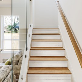 funlife 13PC Self-Adhesive Vinyl Stair Riser Stickers w/Squeegee and Utility Knife, Peel and Stick Staircase Decal Contact Paper for Home Decor, 47.24"x7.09" Farmhouse Style White Wood Pattern