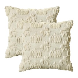 AVOIN colorlife Fall Pumpkin Maple Leaves Beige Throw Pillow Covers, 20 x 20 Inch Seasonal Autumn Thanksgiving Harvest Soft Plush Faux Fur Jacquard Cushion Case Decoration for Sofa Couch Set of 2