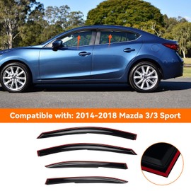 MXSAG 4pcs JDM 3D Wavy MU Style Window Visors Compatible with 2014-2018 Mazda 3/3 Sport Sedan/Hatchback, Front+Rear Left+Right Outside Mount Type Dark Smoke Tint Tape-On Side Sun Rain Guards Set of 4