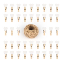 G2PLUS 100PCS Mini Wooden Heart Pegs - 3.5cm Wooden Photo Display Clips - Tiny Wooden Clothes Pegs with 30 M Jute String for Arts and Crafts, Weddings & Events
