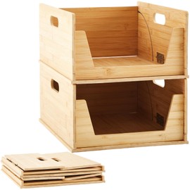 AceOrbit 2 Pack Bamboo Stackable Storage Box Open Front Foldable Bamboo Storage Bins with Handle Multifunctional Pantry Bins Organizer for Pantry Bathroom Cabinets Office Countertop 12.8x15.8x7.4 Inch