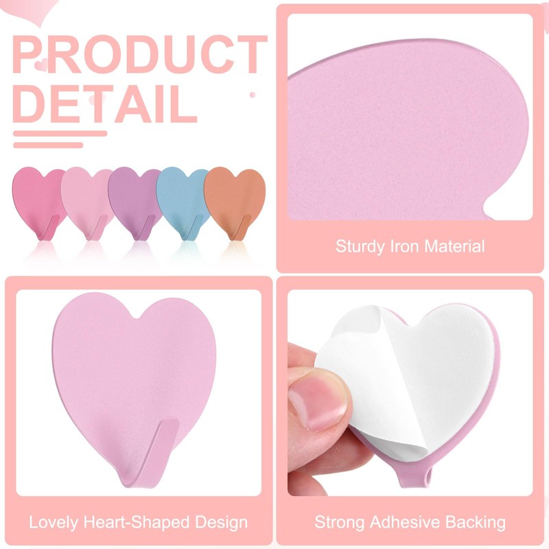 sourcing map Heart Shaped Decorative Wall Hooks, Pink, 5 Pcs