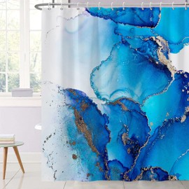 Ttincceer Marble Shower Curtain, Navy Blue Ink Pattern 3D Sand Bathroom Curtain 71x71inch Ombre Abstract Modern Bathroom Decoration Curtain with Hook Waterproof Bathtub Curtain