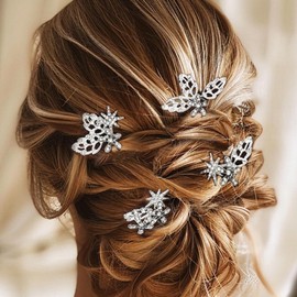 HEREAD Rhinestones Leaf Bride Wedding Hair Pins Silver Flower Bridal Headpieces Accessories for Women and Girls (Pack of 4) (Silver)