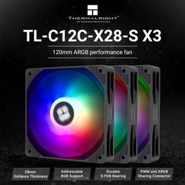 Thermalright TL-C12C-X28-S X3 CPU Cooler Fan,28mm Thick,12cm Silent Cooling Fan,ARGB LED Light,Low Noise,Suitable for Chassis, CPU Coolers and Water Cooling Radiators,3-Pack