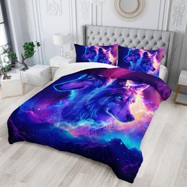 AILONEN Wolf Bedding Set Queen Comforter Set for Boys,Purple Galaxy Wolf Comforter Set for Kids Teen,Safari Wolf Bed in a Bag 3 Pieces,Starry Wolves Comforter with 2 Pillowcases