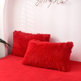 MorroMorn Decorative Pillows Covers, 2 Packs Faux Fur Pillow Cases Standard Size, Luxury Shaggy Throw Pillowcase Cushion Shams with Zipper Closure Home Decor for Couch Sofa Bed (Red, Standard)