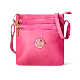 Woodland Leathers Crossbody Bags For Women, Multi Zipper Spacious Cross Body Bag Women With Adjustable Crossbody Strap, Golden decorated Women's Hobos & Shoulder Bags (Pink)