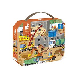 Janod - J02604 Children's Puzzle The Construction Site 36 Pieces - Educational Game Fine Motor Skills and Concentration - Case with Handle - From 4 Years