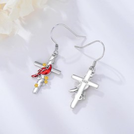 Suiknsn Cardinal Earrings for Women 925 Sterling Silver Cross Dangle Drop Earrings Hypoallergenic Cardinal Jewelry Birthday Mothes Day Gifts for Mom Wife