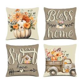 SEGXCFL Fall Pillow Covers 18x18 Inch Set of 4 Mason Jar Vase Sunflower Decorative Linen Pillowcase Autumn Farmhouse Truck Cushion Case Decor for Outdoor Couch