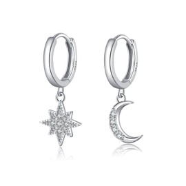 Reffeer Solid 925 Sterling Silver Moon Star Dangle Earrings Hoop for Women Earrings CZ Moon Star Hoop Earrings Huggie Dangle Earrings Asymmetrical (A-Silver)