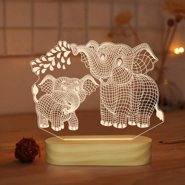 Elephant 3D Lamp, LED Illusion Night Light USB Warm Colors Wooden Lamp Base for Kids Baby Holiday Gifts