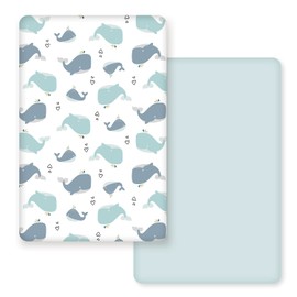 GRSSDER Stretchy Ultra Soft Jersey Knit Fitted Pack n Play Sheets Set 2 Pack, Portable/Mini Cribs Playards Sheets, Lovely Whale for Girls and Boys