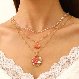Gold Shell Necklaces for Women 14K Gold Pearl Necklaces Summer Beach Jewelry Boho Layered Charm Starfish Necklace Dainty Vacation Seashell Necklace Beachy Outfits Accessorie (Red)