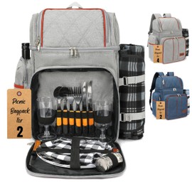 Rnoony Large Picnic Backpack for 2, Picnic Basket for 2 with Insulated Cooler and Bottle Pouch, Picnic Bag with Lightweight Blanket and Cutlery Set for Family, Couple and Hiking