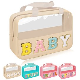 Iqimott Bolsa de chenilla con parche de carta, bolsa de cosméticos de maquillaje transparente, Beige-Bebé