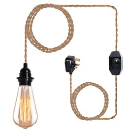 15FT Vintage Plug in Pendant Light Cord Hanging Light Dimmer Switch Kit DIY with Twisted Nylon Rope, Industrial Ceiling Pendant Lighting E26 E27 Socket for Farmhouse Kitchen Cable [Energy Class A++]