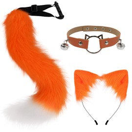 Fluffy Furry Costume Set- Fox Cat Wolf Ears and Tail,Leather Neck Choker for Role-Play - Fun for Adults (Orange)