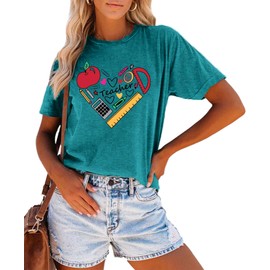 Teacher T Shirt for Women Funny Teaching Heart Graphic Tee Tops Teacher Day Gift Shirts(A-Cyan,Medium)