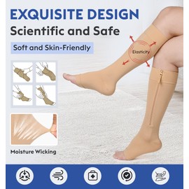 KEKING® Zipper Compression Socks for Men Women, Open Toe, 20-30mmHg Firm Support Knee High Zipper Compression Stockings for Wide Calf - Varicose Veins, DVT, Shin Splints, Edema, Nursing, Beige 5XL