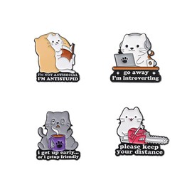 4 Pcs Cat Funny Words Brooch Set Cartoon Cute Animal Lapel Pin Brooches Novelty Creative Positive Phrase Enamel Pins Backpacks Clothing Badge Hat Decoration