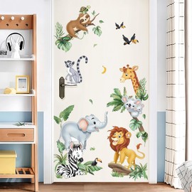 decalmile Wall Sticker Safari Jungle Animals Elephant Giraffe Lion Doors Wall Sticker Baby Room Nursery Bedroom Doors Wall Decoration