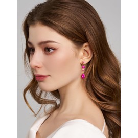 SWEETV Teadrop Rhinestone Dangle Earrings for Women, Wedding Bridal Earrings for Brides, Crystal Drop Dangle Earrings for Prom or Pageant, Hot Pink