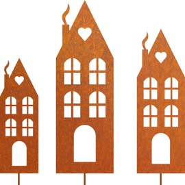 JYUECIAN Houses Garden Stake, Pack of 3 Rust Decoration for Garden, Patina Metal House Rust Stake, Rust Decoration, Garden Decoration for Outdoor Use