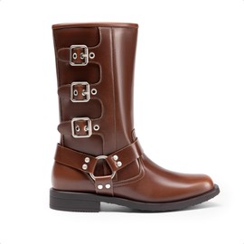 DREAM PAIRS Girls Boots Square Toe Knee High Motorcycle Booties with Buckles Riding Biker Boots Little Kid/Big Kid,Size 5 Big Kid,BROWN,SDBO2414K