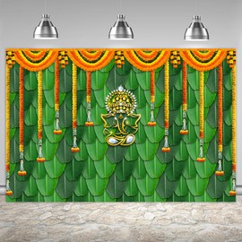 Wollmix Pooja Backdrop Decoration Cloth Items Indian Ganpati Puja Traditional Chatiya Ganesh Mehndi Photography Background Festival Wedding Party Marigold Garlands Photo Booth Props Banner 6x4ft