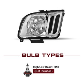 JSBOYAT Headlight Assembly Pair for 2005-2009 Ford Mustang OEM Halogen Headlamp Replacement (Chrome Housing with Clear Reflector)