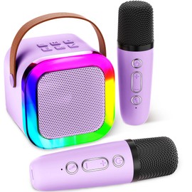 Aplsinvivi Mini Karaoke Machine, Portable Bluetooth Speaker with 2 Wireless Microphone, Microphone with 5 Voice Changing Effects & LED Light, Gifts for Girls Ages 4-12 +Year Old Birthday Party, Purple