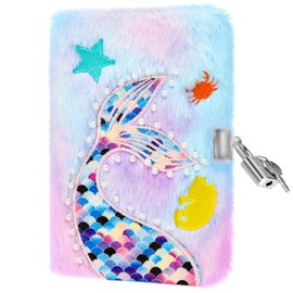 PESLNG Secret Diary Girl with Lock, Plush Notebook with Padlock, Private Notebook, Gift Notepads School Office Travel Notebooks (Pearl Mermaid, Dark Colour, Multi)