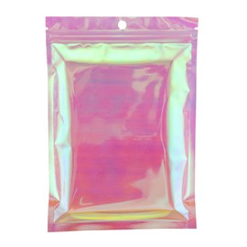 QQ Studio® 100 Pcs Resealable Holographic Packaging Bags Pink Clear Iridescent Sealable for Lip Gloss Eyelash Beauty with Round Hang Hole (6.25 inch x 9.5 inch)