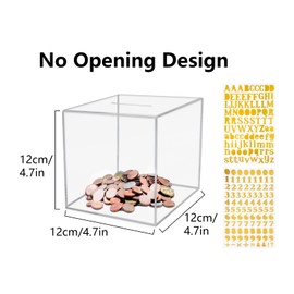 Clear Acrylic Money Box, Smash Money Saving Jar with Stickers Unopenable Clear Piggy Bank for Adults Kids, 4.72”× 4.72”× 4.72”
