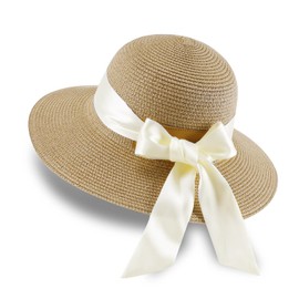 GNEGNI LIFE Sun Hats Women, Straw Beach Hats Sun Protection Summer Hat Foldable Wide Brim Hat Floppy for Women Travel Holiday (Khaki & Beige Ribbon)