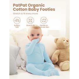 PATPAT Organic Cotton Baby Footie Pajamas with Two-Way Zipper & Fold-Over Mittens, Soft Stretchy Romper for Newborn Boy Girl, Basic Blue, 3-6 Months