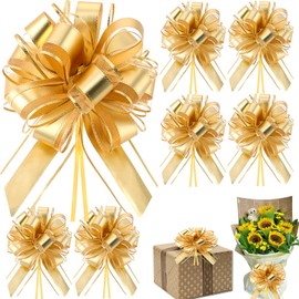 FLZONHUT Gift Bow, Pack of 10 Large Gift Bows with Gift Ribbon, Car Bows, Gift Bows, Pull Bow Gift Ribbons for Crafts, Packaging, Wedding, Birthday Gift Wrapping (Gold)