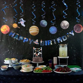 SUNBEAUTY Birthday Space Decoration Planets Spirals UFO Birthday Banner Children's Birthday Boy Spaceship (Spirals + Garland)