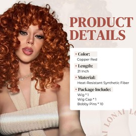 LONAI Copper Red Curly Wig Long Curly Wigs with Bangs for Women WIG006 Synthetic Hair Wig Vintage Hairstyle for Daily Use Party Cosplay-Bright Copper Red