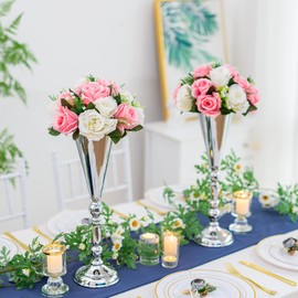 Silver Vase Centerpiece Table Decorations - 2 Pcs Metal Tabletop Flower Stand, Wedding Decorations for Reception, 9.8in Trumpet Tall Flower Vase for Birthday, Weddings, Anniversary, Home Decor