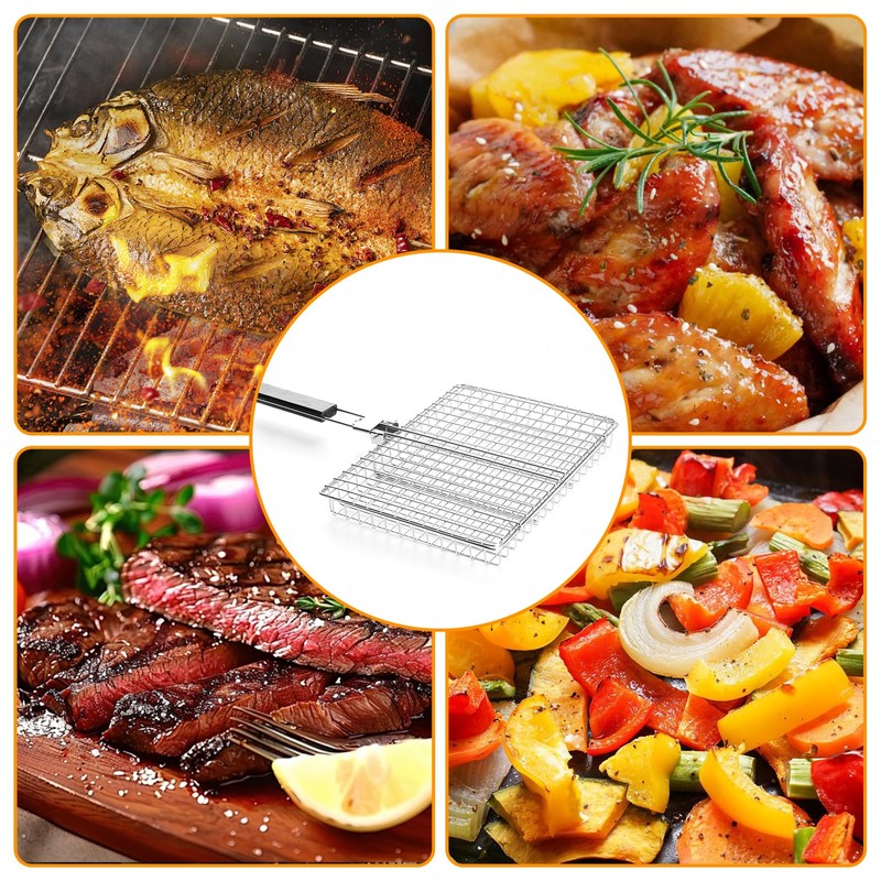 SHIKORI Grill Basket, Folding Detachable Handle Stainless Steel BBQ Grill