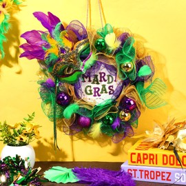 Hoteam Mardi Gras Wreath for Front Door Green Purple Gold Ball Door Wreath with Venetian Mask Mardi Gras Door Decoration for Indoor Outdoor Front Door Porch Carnival Mardi Gras Party Decoration