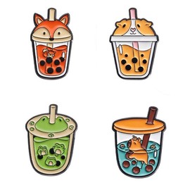 Pack of 4 Bubble Tea Badges Bubble Tea Pin Shiba Inu Pin Frog Hamster Pins, Alloy, None
